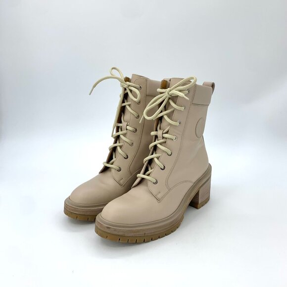 Hermes Womens Apricot Leather Lace-Up Mid-Calf Martin Boots 38.5 Round Toe Rugge - Picture 1 of 7